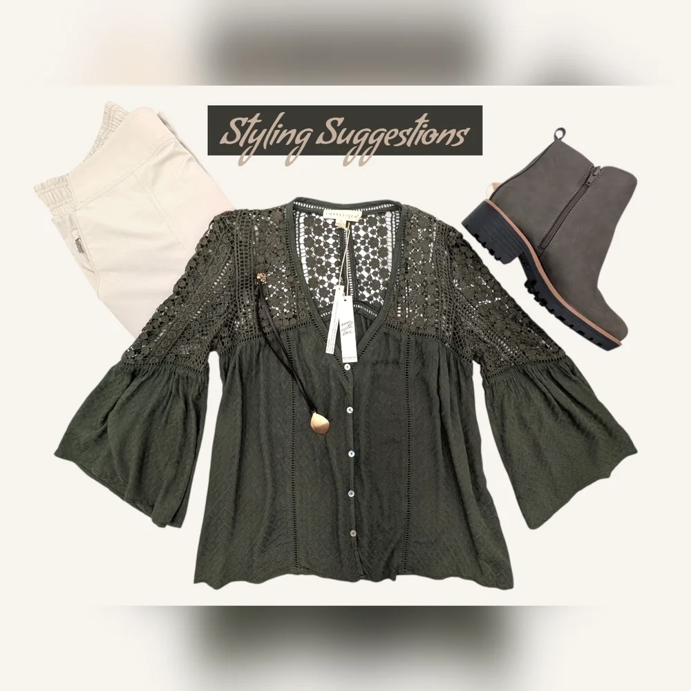 NWT LOVESTITCH Olive Green Sahara Mixed Lace Top Sz Small Rayon Flowy Boho Chic - Picture 3 of 17